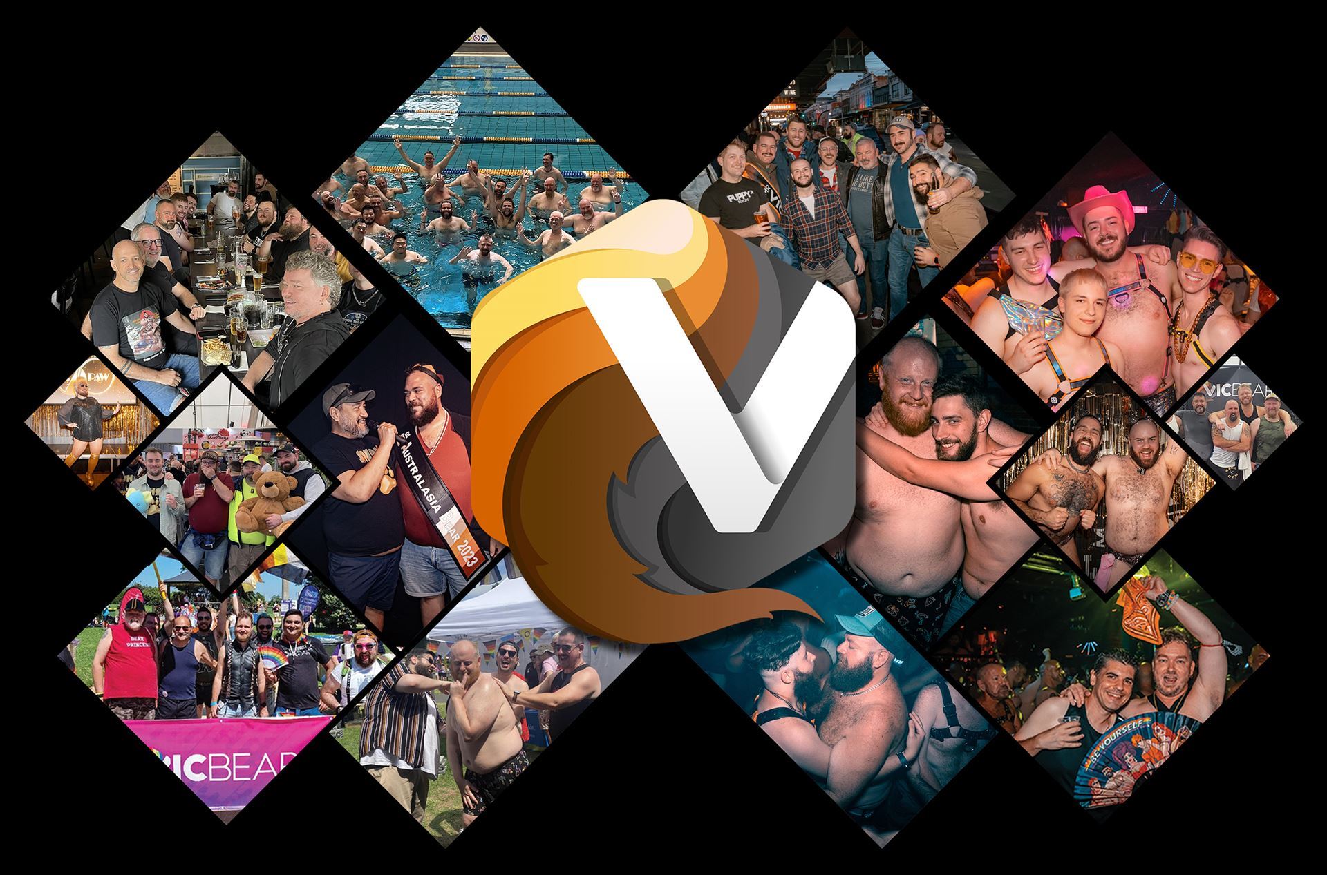VicBears hero diamond photo collage with the central VicBears V-bear logo